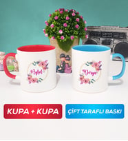 İkili Kişiye Özel İsim Yazılı Çiçek Tasarımlı Kupa Bardak Kırmızı Mavi