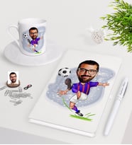 BK Gift Kişiye Özel Futbolcu Karikatürlü Beyaz Defter Kalem Türk Kahvesi Fincanı Seti-1 (Model 1)