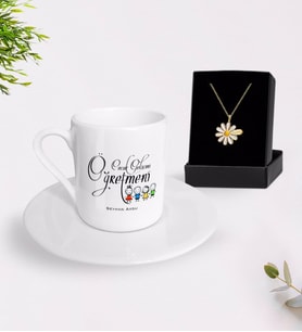 BK Gift Kişiye Özel Çocuk Gelişimi Öğretmeni Türk Kahvesi Fincanı ve İsimli Papatya Kolye Hediye Seti-2 (Model 1)