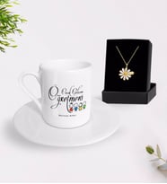 BK Gift Kişiye Özel Çocuk Gelişimi Öğretmeni Türk Kahvesi Fincanı ve İsimli Papatya Kolye Hediye Seti-2 (Model 1)