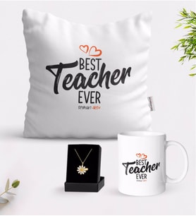 BK Gift Kişiye Özel En İyi Öğretmen Beyaz Kupa Yastık ve İsimli Papatya Kolye Hediye Seti-13 (Model 1)