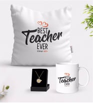 BK Gift Kişiye Özel En İyi Öğretmen Beyaz Kupa Yastık ve İsimli Papatya Kolye Hediye Seti-13 (Model 1)