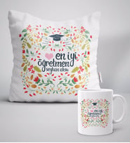 BK Gift Kişiye Özel En İyi Öğretmen Beyaz Yastık Kupa Seti-15 (Model 1)