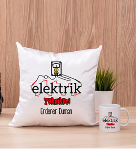 Elektrik Teknikeri Kare Yastık ve Beyaz Kupa Bardak