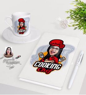 BK Gift Kişiye Özel Bayan Chef Karikatürlü Beyaz Defter Kalem Türk Kahvesi Fincanı Seti-11 (Model 1)