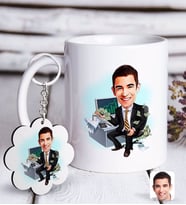 BK Gift Kişiye Özel Erkek Bankacı Karikatürlü Beyaz Kupa ve Anahtarlık Hediye Seti-3 (Model 1)