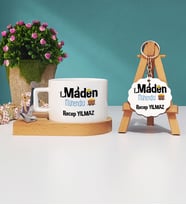 Maden Mühendisi Ahşap Altlıklı Fincan ve Anahtarlık Seti