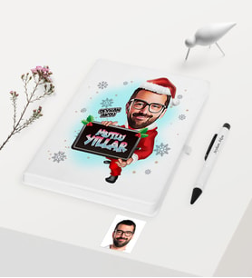 BK Gift Kişiye Özel Yılbaşı Temalı Bay Karikatürlü Beyaz Defter Kalem Seti - 1