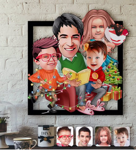 BK Gift Kişiye Özel Yeni Yıl Aile Karikatürlü 3D Ahşap Tablo-6 (Beyaz)