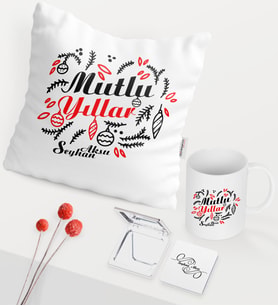 BK Gift Kişiye Özel Yılbaşı Mutlu Yıllar Temalı Beyaz Kupa Ayna Yastık Seti - 4