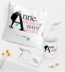 BK Gift Kişiye Özel Anne Demek Hayat Demek Beyaz Kupa Ayna Yastık Seti (Model 1)
