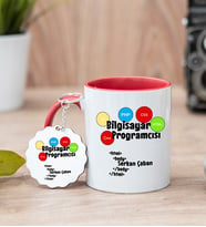 Bilgisayar Programcısı Kırmızı Kupa Bardak Ve Anahtarlık Set