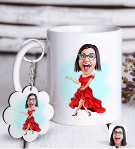 BK Gift Kişiye Özel Bayan Manken Karikatürlü Beyaz Kupa ve Anahtarlık Hediye Seti-1 (Model 1)
