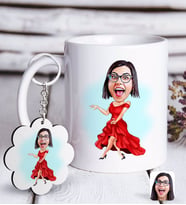 BK Gift Kişiye Özel Bayan Manken Karikatürlü Beyaz Kupa ve Anahtarlık Hediye Seti-1 (Model 1)