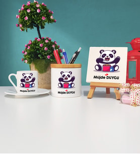 Sevimli Panda Tasarımlı Kişiye Özel Panda Türk Kahvesi Fincanı Kalemlik ve Dekoratif Taş Baskı Seti