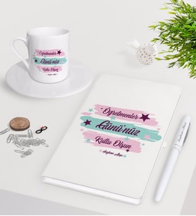 BK Gift Kişiye Özel Öğretmenler Gününüz Kutlu Olsun Beyaz Defter Kalem Türk Kahvesi Fincanı Seti-4 (Model 1)