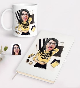 BK Gift Kişiye Özel Kadın Moda İkonu Karikatürlü Beyaz Defter ve Kupa Hediye Seti-6 (Model 1)