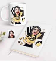 BK Gift Kişiye Özel Kadın Moda İkonu Karikatürlü Beyaz Defter ve Kupa Hediye Seti-6 (Model 1)