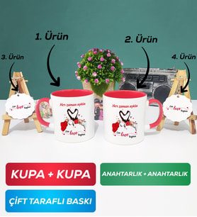 İkili Kırmızı Sevgiliye Sevgililer Günü Hediyesi 10 Kupa Bardak Anahtarlık