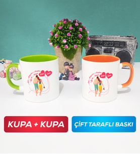 İkili Sevgiliye Sevgililer Günü Hediyesi 1 Kupa Bardak Yeşil Turuncu