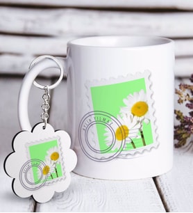 BK Gift Kişiye Özel Papatya Tasarımlı Beyaz Kupa ve Anahtarlık Hediye Seti-10 (Model 1)