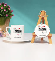 Mesajlı Yazılım Mühendisi Tasarımlı Kişiye Özel Hediye Yazılım Mühendisi Türk Kahvesi Fincanı ve Anahtarlık Hediye Seti