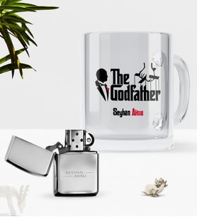BK Gift Kişiye Özel The Godfather Cam Kupa Bardak Benzinli Çakmak Seti (Model 1)