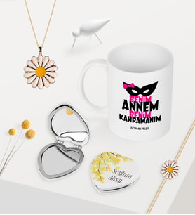 BK Gift Kişiye Özel Annem Kahramanım Kupa Kalp Ayna Papatya Kolye Bileklik Seti (Model 1)