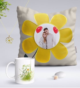 BK Gift Kişiye Özel Fotoğraflı Papatya Yastık Kupa ve Çift İsimli Papatya Kolye-13 (Model 1)