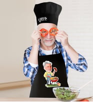 BK Gift Kişiye Özel Bay Chef Karikatürlü Siyah Mutfak Önlüğü Aşçı Şapkası Seti-1
