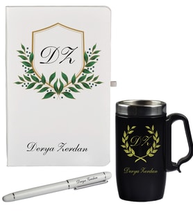 Şık Tasarım Yaprak Desenli Hediye Defter Kalem Ve Siyah Termos Mug Seti