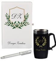 Şık Tasarım Yaprak Desenli Hediye Defter Kalem Ve Siyah Termos Mug Seti