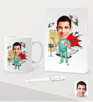 BK Gift Kişiye Özel Bay Cerrah Karikatürlü Beyaz Defter Kalem Kupa Seti - 1 (Model 1)