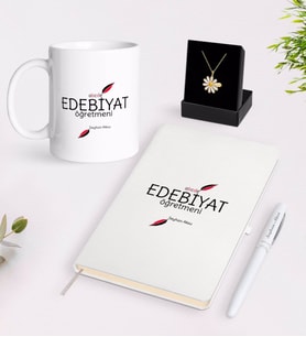BK Gift Kişiye Özel Edebiyat Öğretmeni Beyaz Kupa Defter Kalem ve İsimli Papatya Kolye Hediye Seti-5 (Model 1)