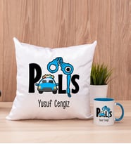Polis Kare Yastık ve Mavi Kupa Bardak