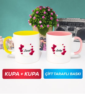 İkili İsme Özel Sevgililer Günü Hediyesi Kupa Bardak Sarı Pembe
