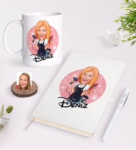 BK Gift Kişiye Özel Kadın Kuaför Karikatürlü Beyaz Defter Kalem ve Kupa Seti-3 (Model 1)