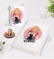 BK Gift Kişiye Özel Kadın Kuaför Karikatürlü Beyaz Defter Kalem ve Kupa Seti-3 (Model 1)