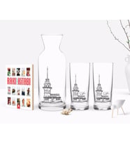BK Gift Kişiye Özel Renkli Baskılı Kız Kulesi Tasarımlı İkili Rakı Bardağı Karaf ve Cep Kitabı Hediye Seti-1 (Model 1)