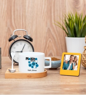 Makine Teknisyeni Fincan ve Turuncu Mini Fotoğraf Çerçevesi