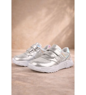 Rakerplus Hakiki Deri Gümüş Renl Cırtlı Kız Çocuk Sneaker Ayakkabı