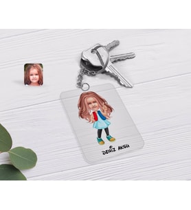 BK Gift Kişiye Özel Kız Çocuk Karikatürlü Şeffaf Pleksi Anahtarlık-17 (Beyaz)