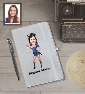 Kişiye Özel Polis Karikatürlü Gri Defter Kalem Hediye Seti  Bayan-3
