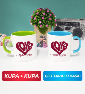 İkili Love Tasarımlı Sevgililer Günü Hediyesi Kupa Bardak Yeşil Mavi