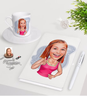 BK Gift Kişiye Özel Abla Karikatürlü Beyaz Defter Kalem Türk Kahvesi Fincanı Seti (Model 1)