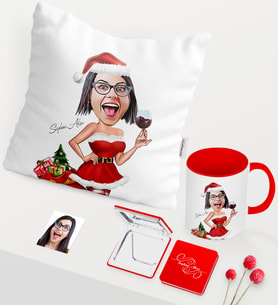 BK Gift Kişiye Özel Yılbaşı Temalı Bayan Karikatürlü Kırmızı Kupa Ayna Yastık Seti - 2