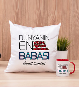 Dünyanın En İyi Babası Kare Yastık ve Kırmızı Kupa Bardak