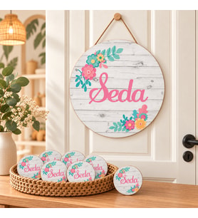 Kişiye Özel Kapı Süsü Ve 50 Adet Magnet Pembe Renkli