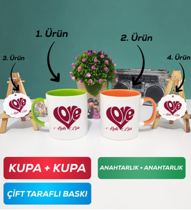 İkili Yeşil Turuncu Love Tasarımlı Sevgililer Günü Hediyesi Kupa Bardak Anahtarlık