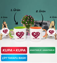 İkili Yeşil Turuncu Love Tasarımlı Sevgililer Günü Hediyesi Kupa Bardak Anahtarlık